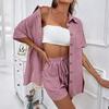 Women's Solid Color Short Sleeve Casual Shirt & Shorts Set - Loose & Stylish Two-Piece