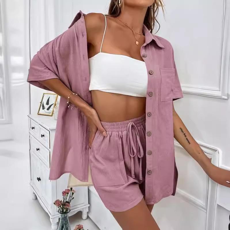 Women's Solid Color Short Sleeve Casual Shirt & Shorts Set - Loose & Stylish Two-Piece