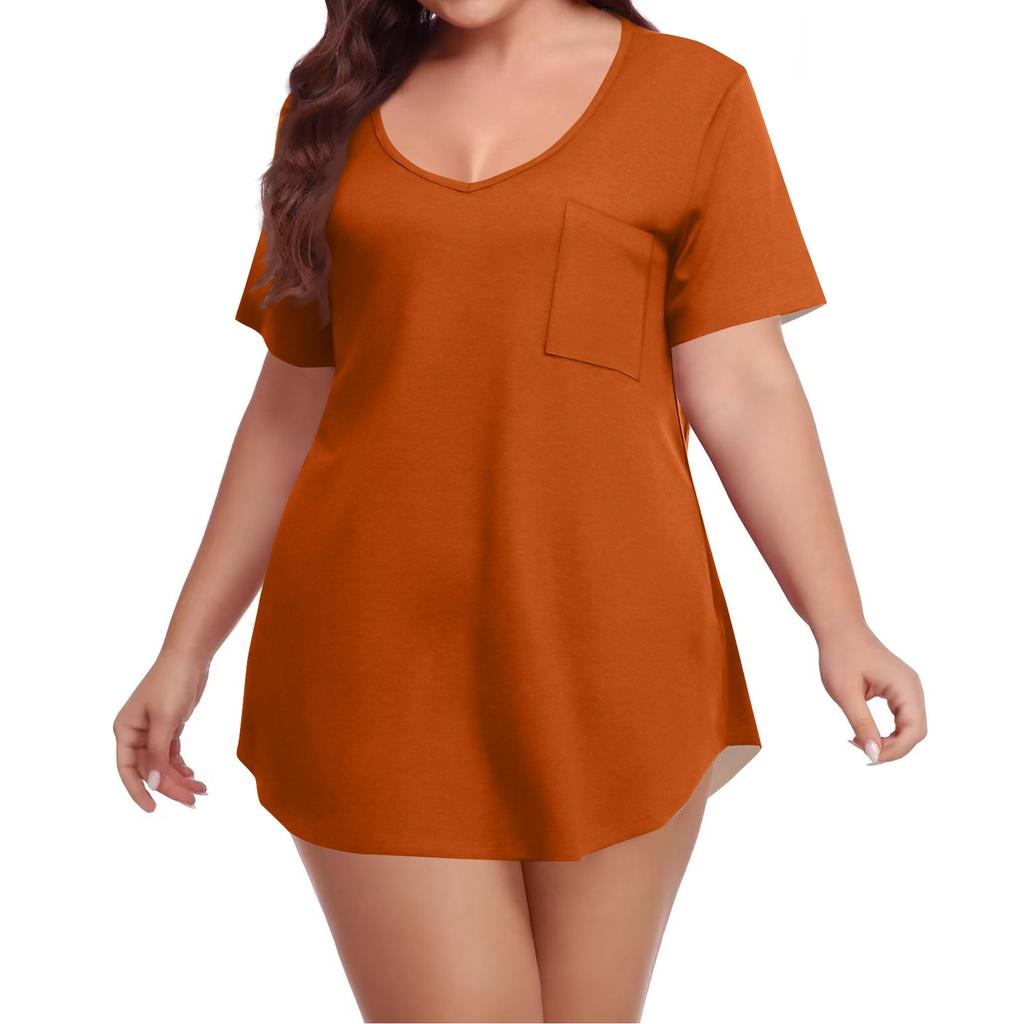Women's Color Large Size V-neck Top Loose Pocket T-shirt