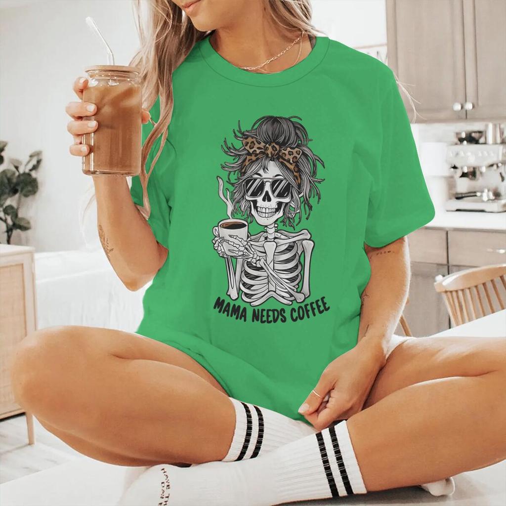 Mama Needs Coffee Vintage Womens Tshirts Fun Skeleton Coffee Print Graphic Short Sleeve T Shirt Casual Coffee Mom Tshirts Gift