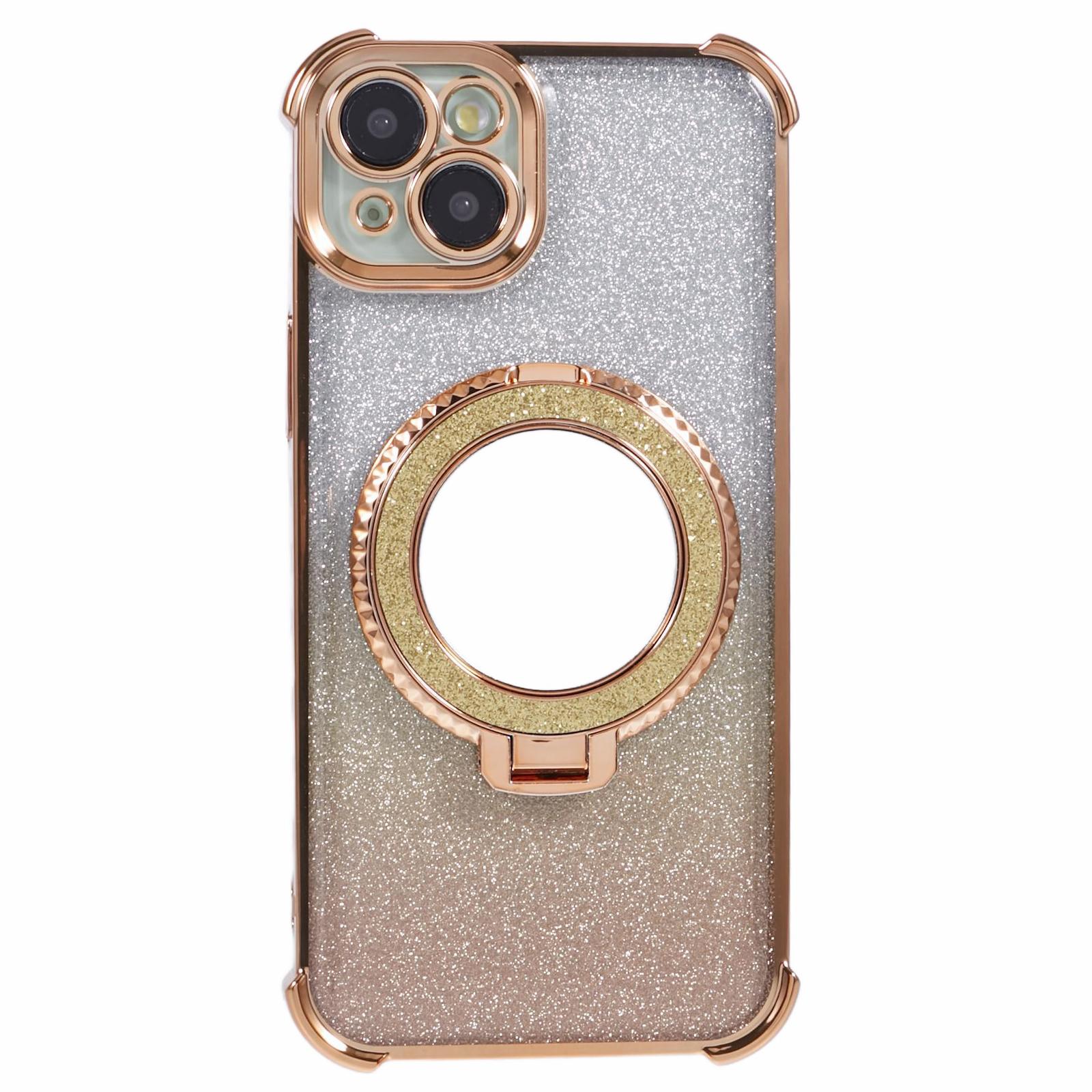 

For iPhone 15 Case Glitter Gradient TPU Phone Cover with Kickstand and Mirror Gold