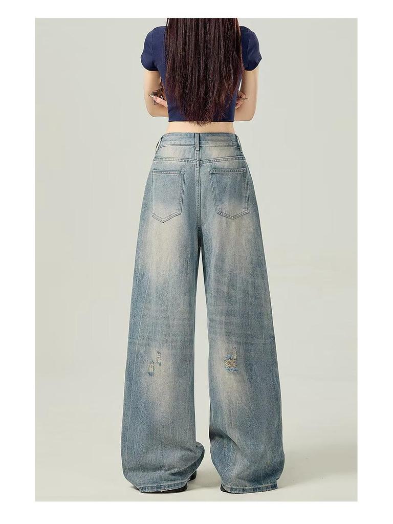 Light Blue High-Waist Distressed Wide-Leg Jeans for Women