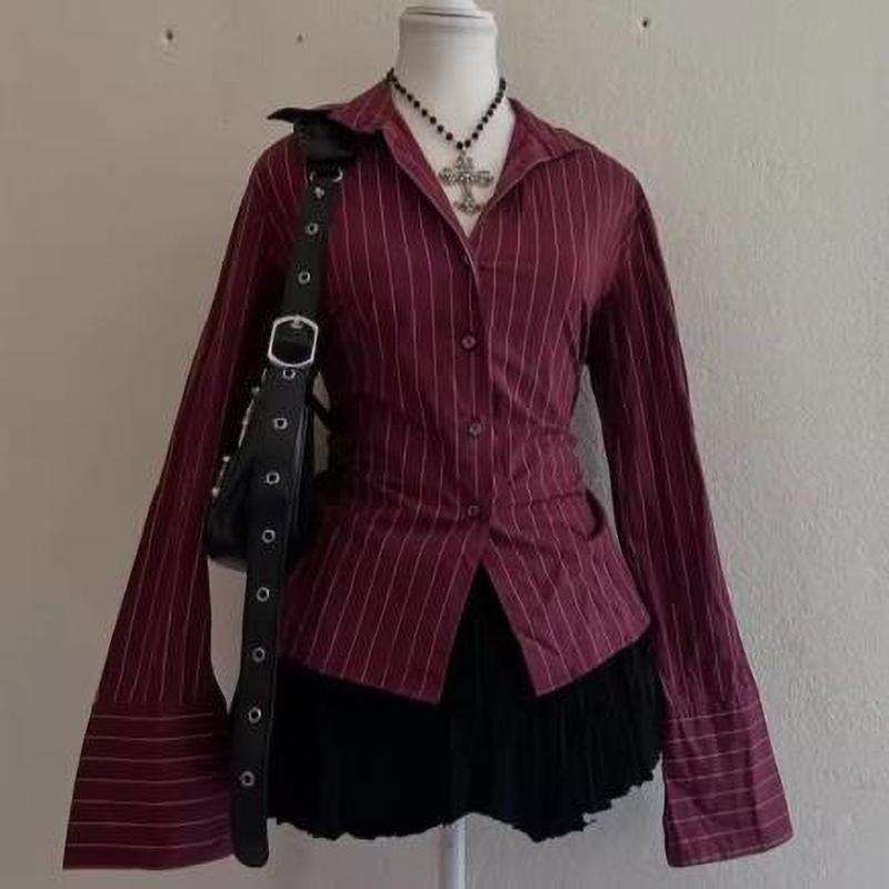 Gothic Punk Grunge Y2K Women's Blouse Slim Chic Casual Lapel Striped Long Sleeve Shirt Vintage Aesthetics Hottie Streetwear