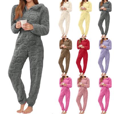 Women's Fashion Solid-Color Homewear Plush Onesie Long-Sleeve Hooded Loungewear Pajamas
