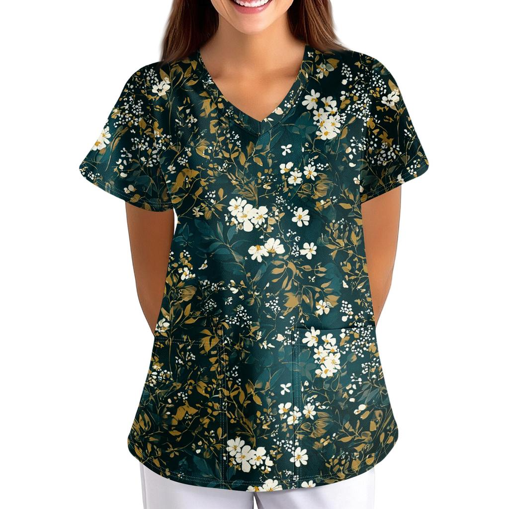 Women's Floral Print Loose Fit V Neck Short Sleeve Medical Scrub Top with Pockets for Healthcare Professionals Lightweight Breathable Fabric