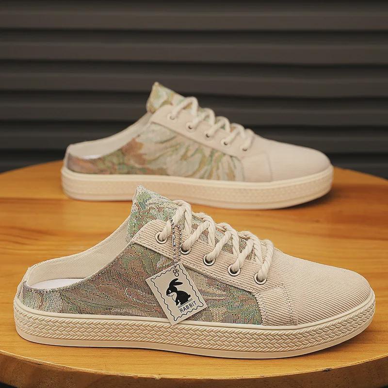 Herren Sommer Slip-On Canvas Sandalen - Trendige Geschlossene Zehen, Fersenfreie Weiße Halbschuhe