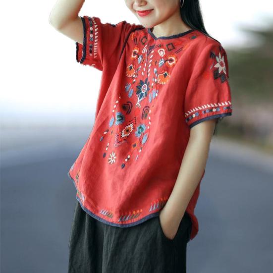 T-shirt Embroidered Loose National Style Ladies Short Sleeve Oversize Blouse