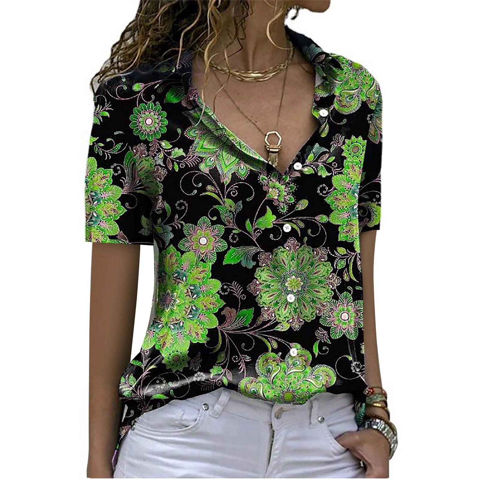 

Женская модная повседневная рубашка с короткими рукавами и пуговицами с принтом, блузка XL зелёный