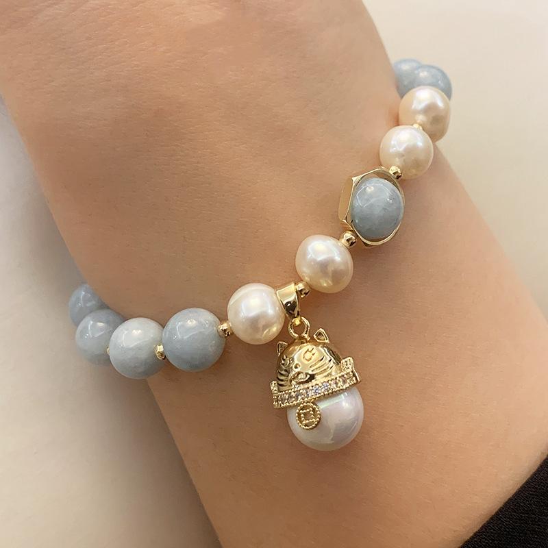 New Arrival Sweet Cat Animal Natural Amazonite Stone & Freshwater Pearl 14K Gold Filled Ladies Bracelet For Women Gifts