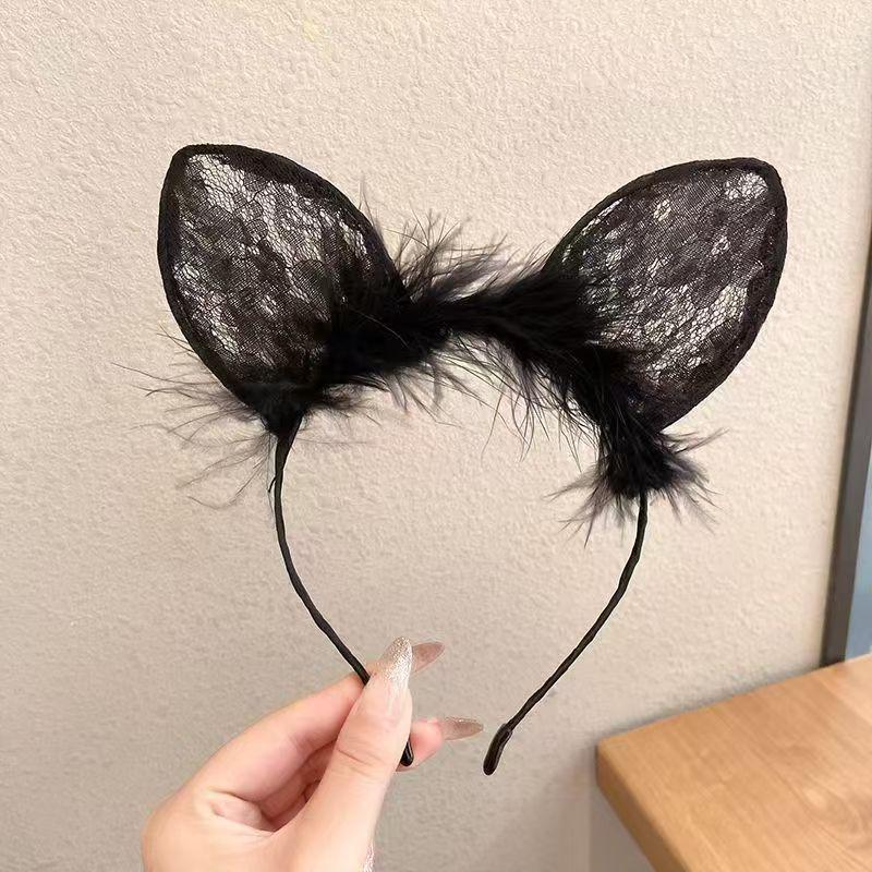 Black Feather Lace Cat Ear Headband - Cute & Elegant Headdress for Parties & Performances