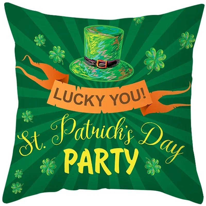 St. Patrick'S Day Pillow Case Green Cartoon Letter Four-Leaf Clover Sofa Cushion Cover Ireland National Day Pillow Cover