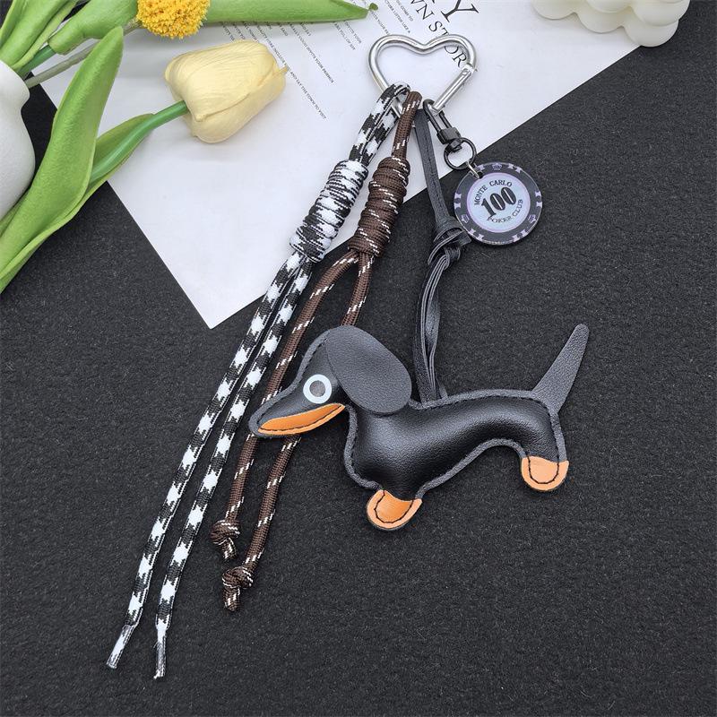 Leather Cartoon Dachshund Keychain with Woven Rope Pendant