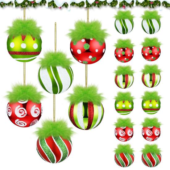 2.4 Inch Christmas Ball Ornaments with Fuzzy Green Hair Glittering Hanging Furry Elf Ball Decoration Red Green Plastic Ball Ornament for Xmas Tree