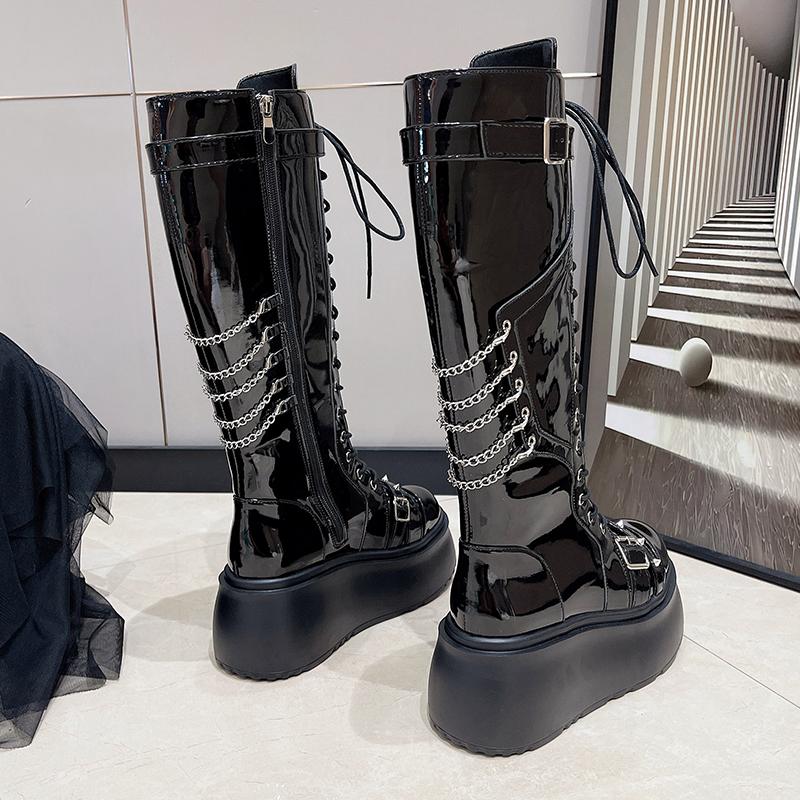 Fashion Heavy Metal Platform Women Boots New Dark Punk Heightened Chain Rivet Lace-up High Boots Female Zip Rock Biker Boots