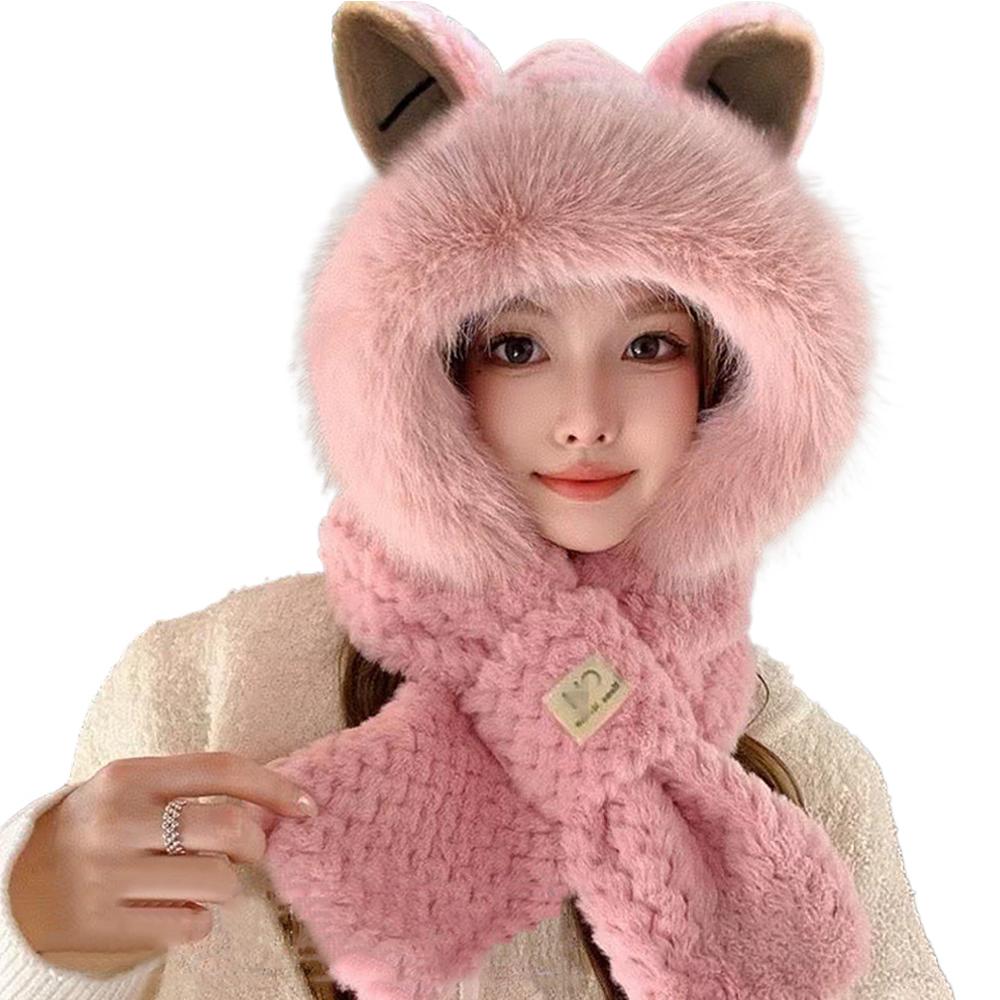 Lovely Beanie Hat Scarf Set Women Faux Fur Warm Winter Hat Neck Circle Scarf Ski Snow Hat Cap Bear Plush Hat Ear Protection