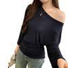 Korean Style Tie-Waist Long-Sleeved Off-Shoulder T-Shirt for Women - Autumn Edition