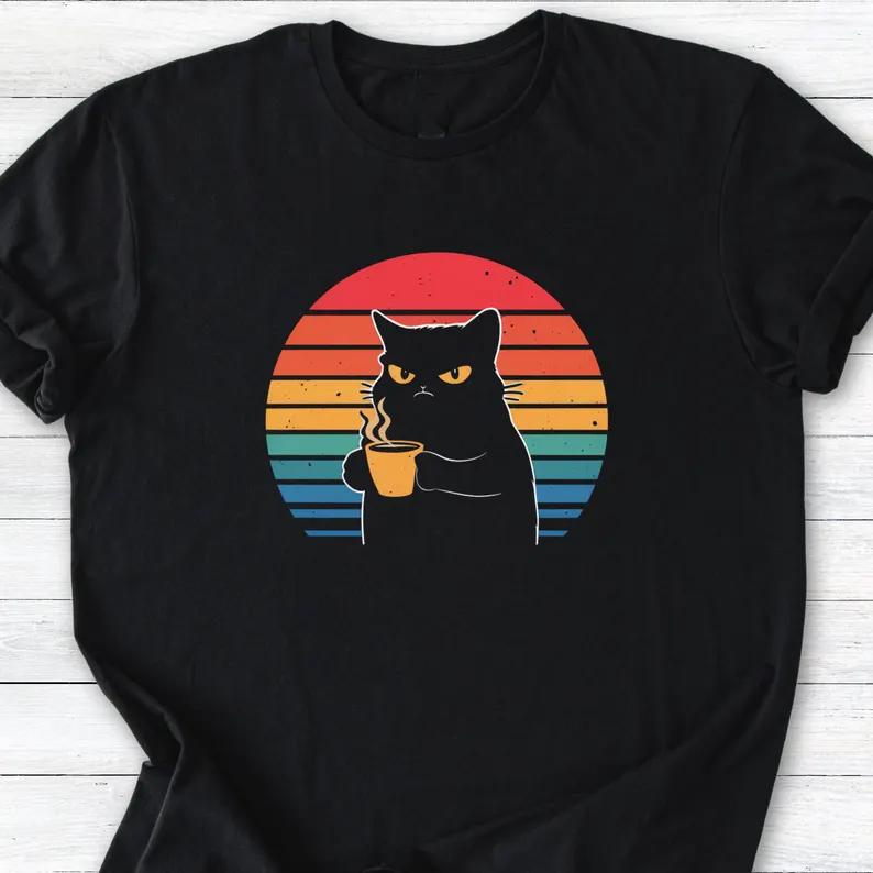 Funny Black Cat TShirt Retro Sunset Coffee Design Womens Casual Short Sleeves Minimalist Cute Cat Shirt for Daily Wear