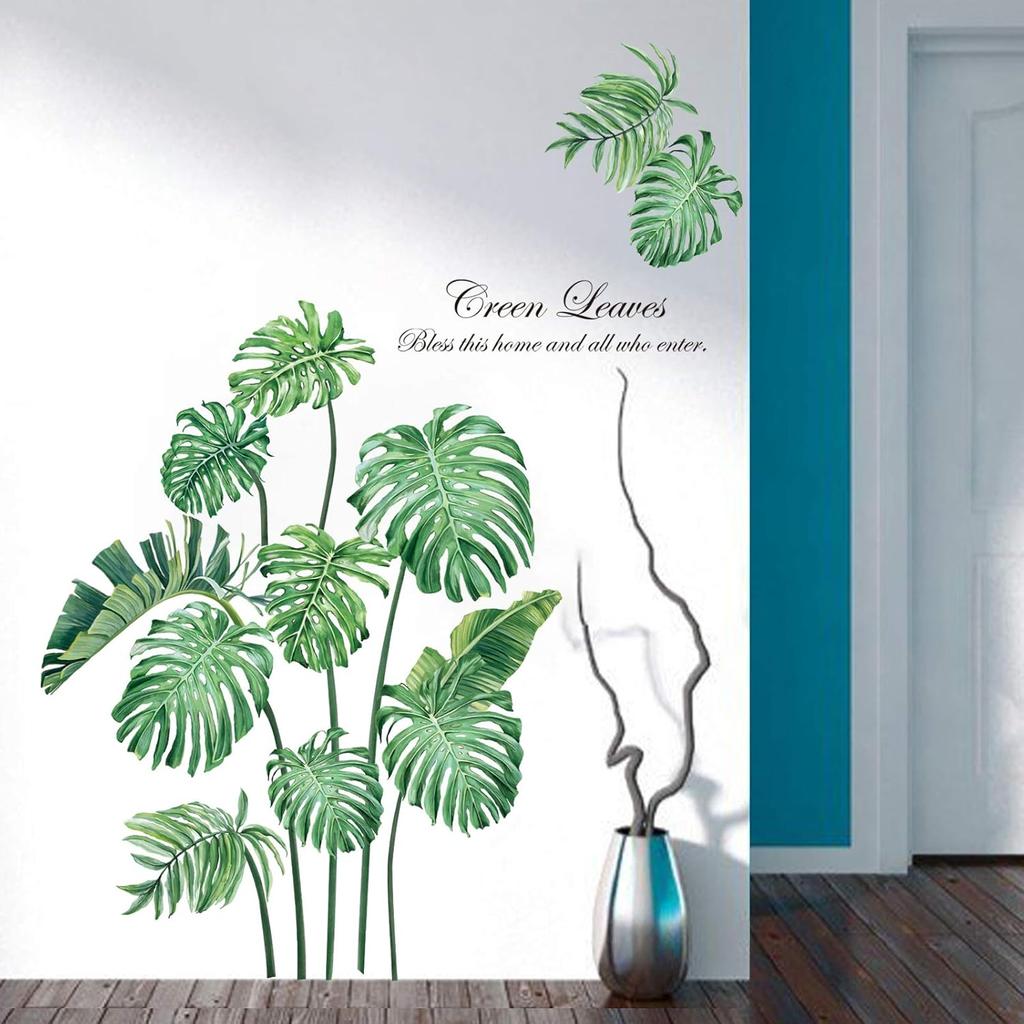 Decalmile Green Tropical Leaves Wall Decals Palm Tree Leaf Plants Wall Stickers Bedroom Living Room Sofa TV Background Wall Art Decor