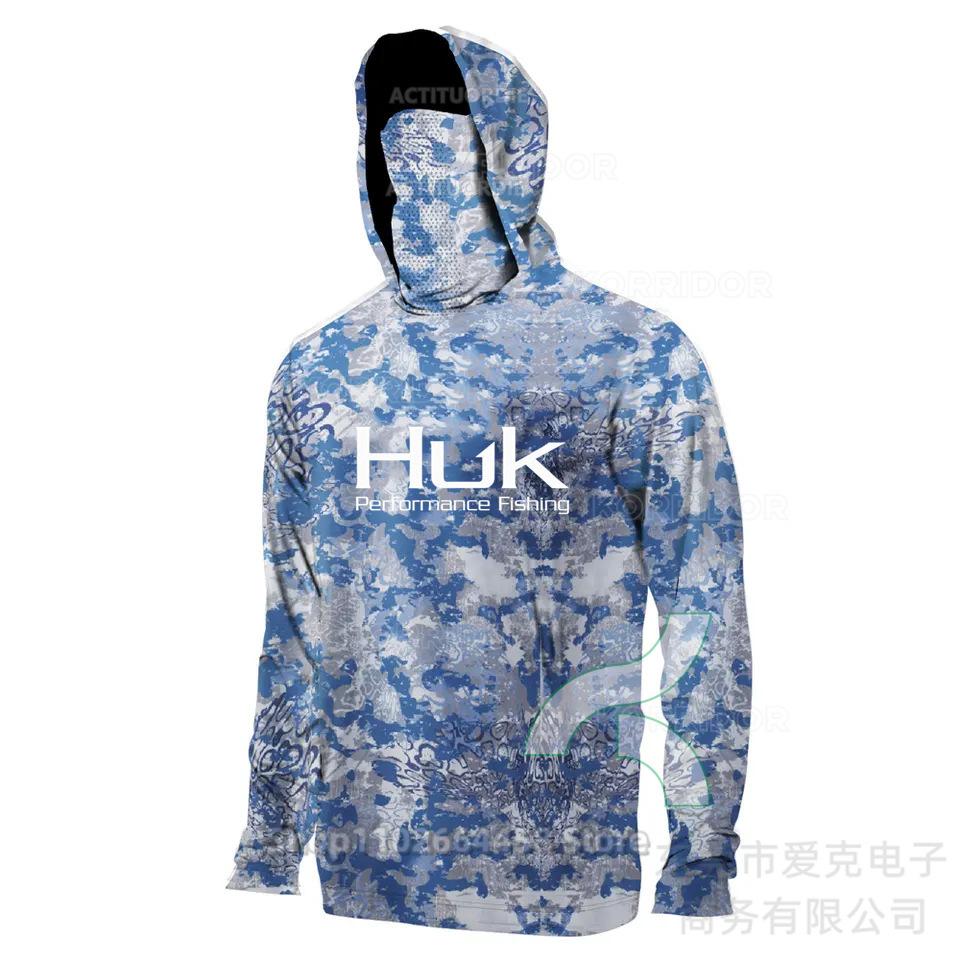 HUK fishing suit men's hoodie summer sun protection long sleeve fishing top with mask outdoor sports fishing shirt
