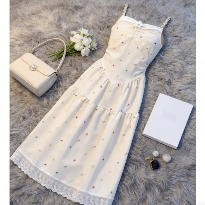 New dress set women's summer seaside vacation color printed floral dress suspender dress child tide
