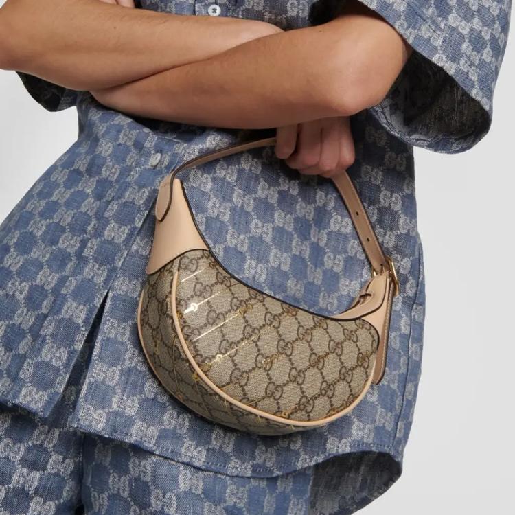 Gucci Ophidia Double G Logo Zipper Closure Canvas And Leather Trim Canvas Bag Handbag Shoulder Bag Women'S Beige And Ebony