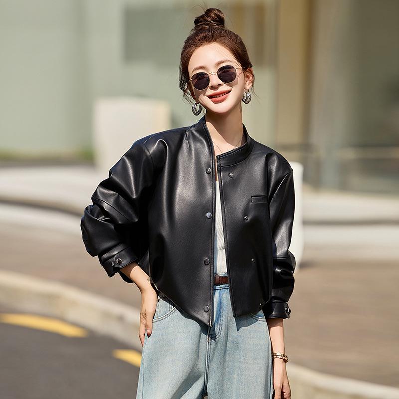2025 Spring Women's High-End Petite Round Neck Loose Short Leather Jacket WA2513
