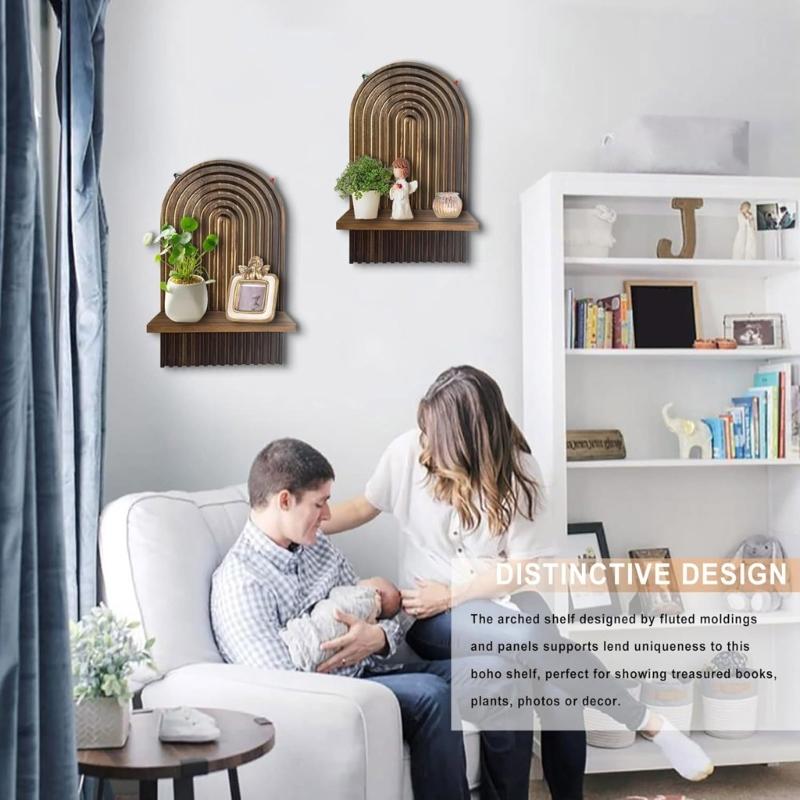Pack Of 2 Wood Wall Shelves Rainbow Bookshelf for Living Room and Bedroom Decoration Easy Install Plant Storage Rack