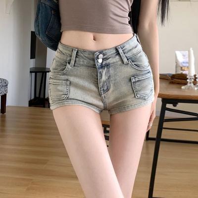 Hottie Low Rise Denim Shorts im koreanischen Stil für den Sommer, für Damen, Club-Style, alte Tasche, Baumwolle, Frühling, gerade, runde Hüft-Jeansshorts