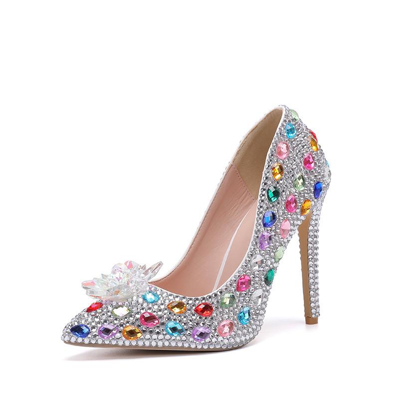 Fashion Luxury Handmade Full Diamonds Rhinestones Women Pumps Fashion Crystal Flowers Stiletto High Heels Lady Banquet Wedding Shones