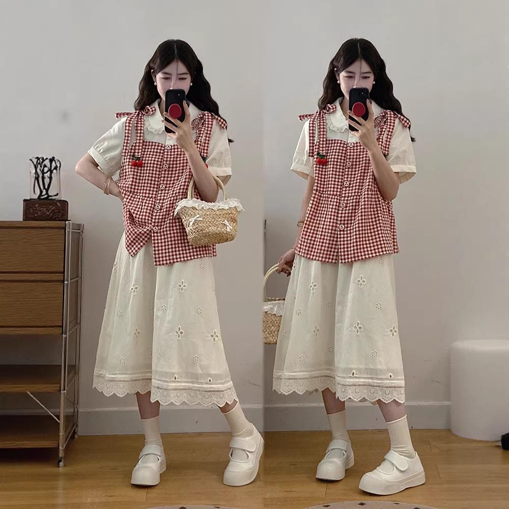 Plus Size Women s Energetic Cherry Red Plaid Skirt Set - Summer 2026 Collection XL