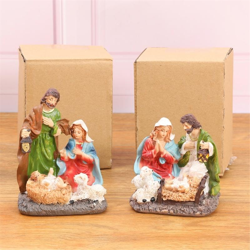 Detailed Holy Family Resins Statue Christmas Home Desktop Decors Religious Nativity Scene Figurine Shelf Ornament Gift