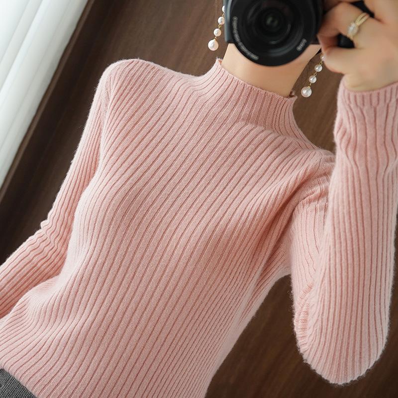Autumn and Winter Half-turtleneck Slim Sweater for Women, Korean Style Tight-fitting Inner Long-sleeved Stand-collar Bottoming Sweater