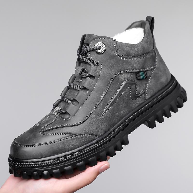 Fashion Classic Mens Winter Boots Genuine Leather Sneakers Fur Plush Snow Shoes Outdoor Warm Ankle Boots Outdoor Male Hiking Shoes Botas