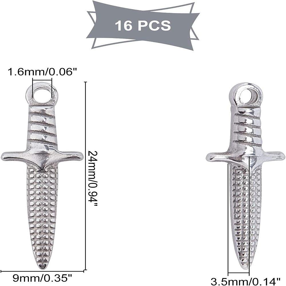 304 Stainless Steel Pendants Dagger Stainless Steel Color 24x9x3.5mm Hole: 1.6mm 16pcs/box