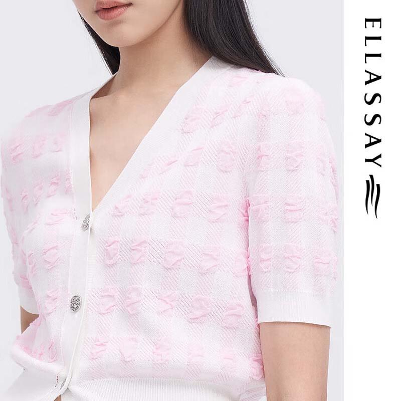 ELLASSAY Women's Sweet Plaid V-Neck Short Sleeve Knit Top