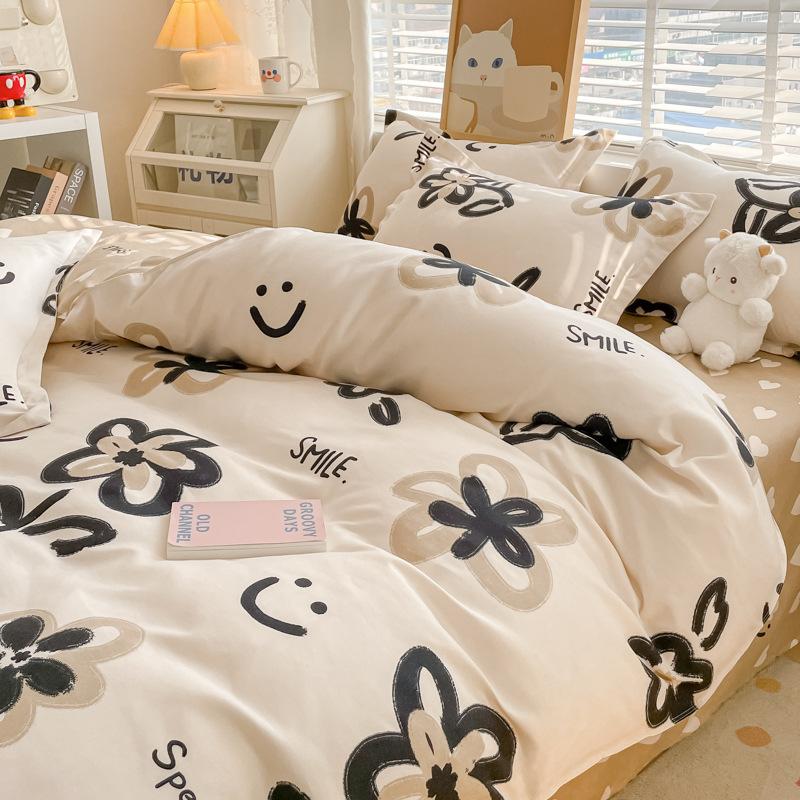 Washed Cotton 4Pcs Set, Spring And Autumn 1.8M Bed Sheet Double Quilt Set 3Pcs Home Textile