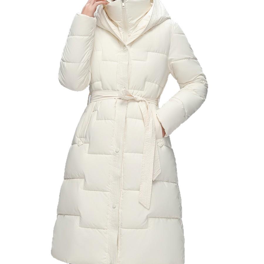 Polyester cotton-padded clothes for women's long over-knee hooded cotton-padded clothes for women's medium and long cotton-padded jackets with waist l