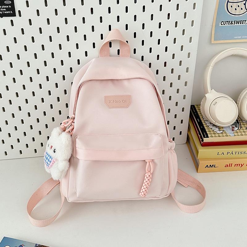 

New large-capacity solid color student schoolbag, street trend, outdoor girls backpack high value рожевий