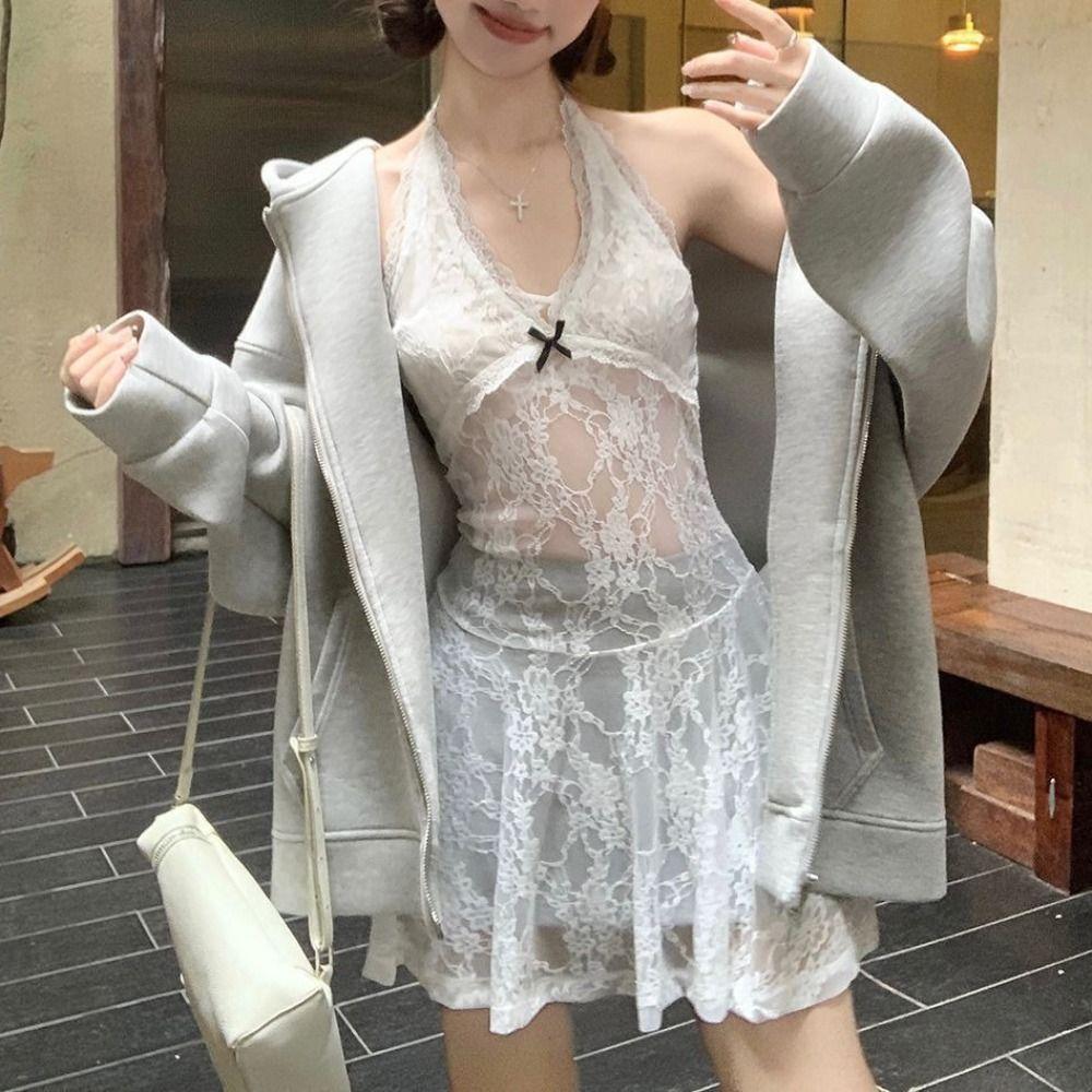 Transparent Lace Halter Dress V-neck Hollow Out Camisole New Lace-up Short Skirts  Women