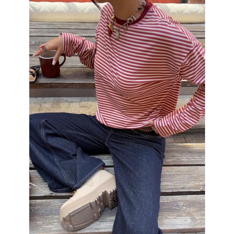 Loose Casual Retro Color Contrast Striped Long Sleeve T Shirt Top