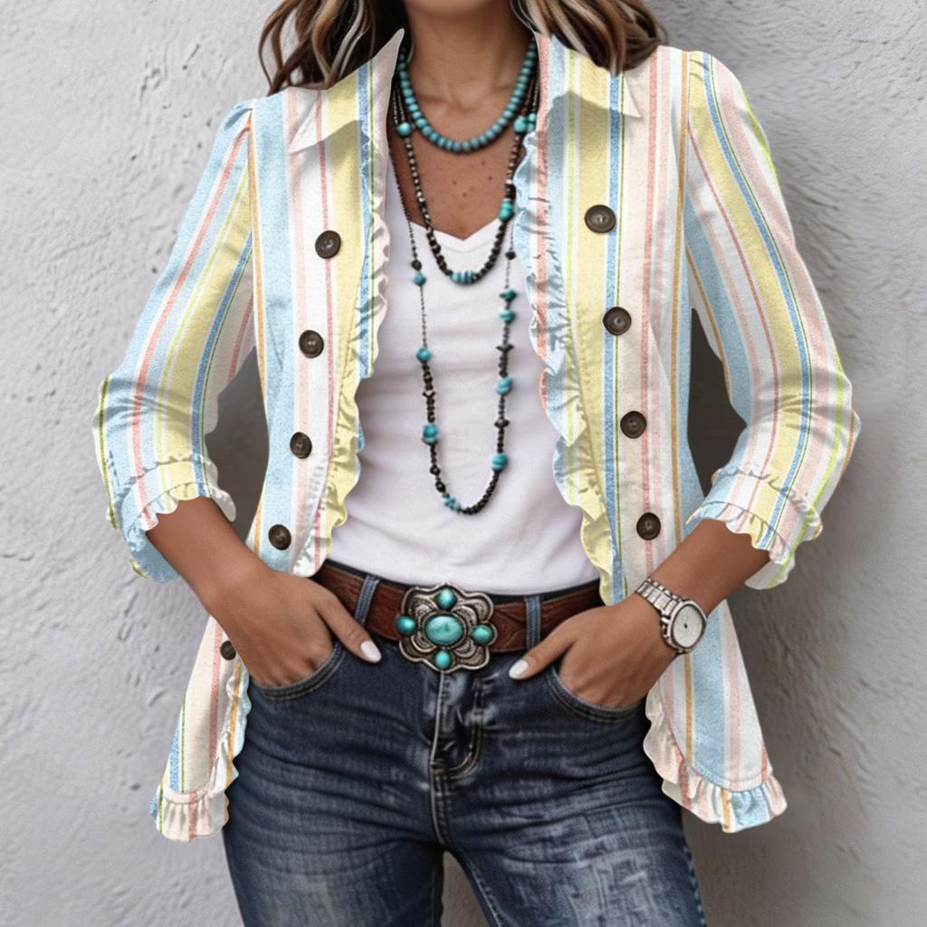 Women's Casual Striped Print Long Sleeve Ruffle Button Down Shirt Jacket for Everyday Wear