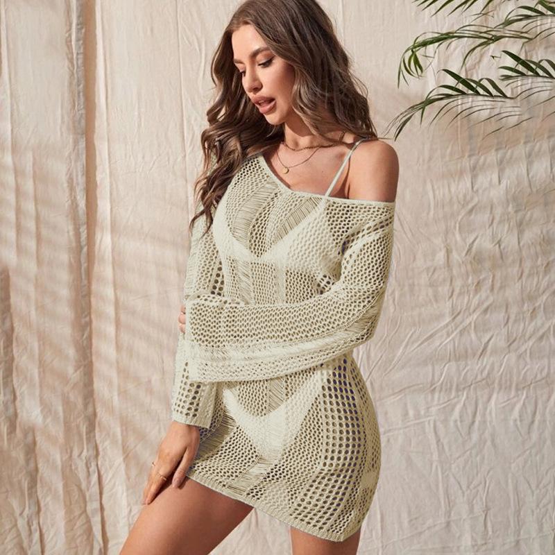 Nové zakrývací šaty Dámské Sexy Vykrojené Dlouhý rukáv Bez zad Bodycon Bikiny Plavky Pletené Plážové