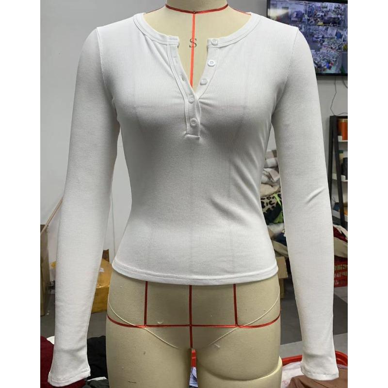 Jarní a podzimní dámský Y2K slim módní žebrovaný top s knoflíky a dlouhým rukávem