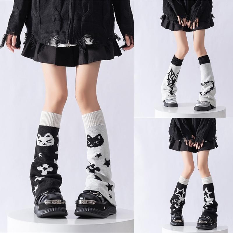 Reversible Knitted Long Tube Leg Warmers with Cute Cats Pattern for Women Punk Grunge Flared Boot Covers Footless Socks