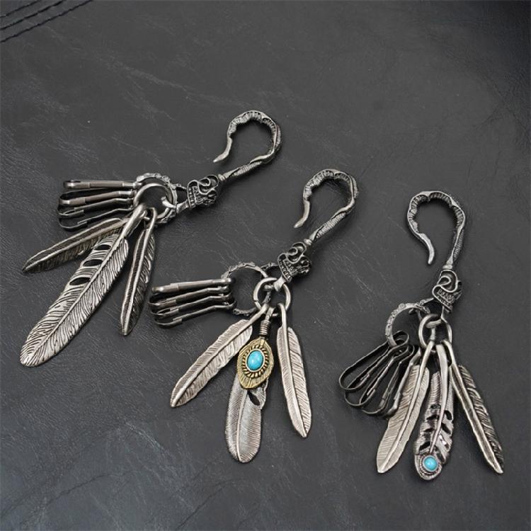 Distinctive Feather Keychain Charm In Antique Silver With Turquoise for Individualistic Fashion Statements Pieces