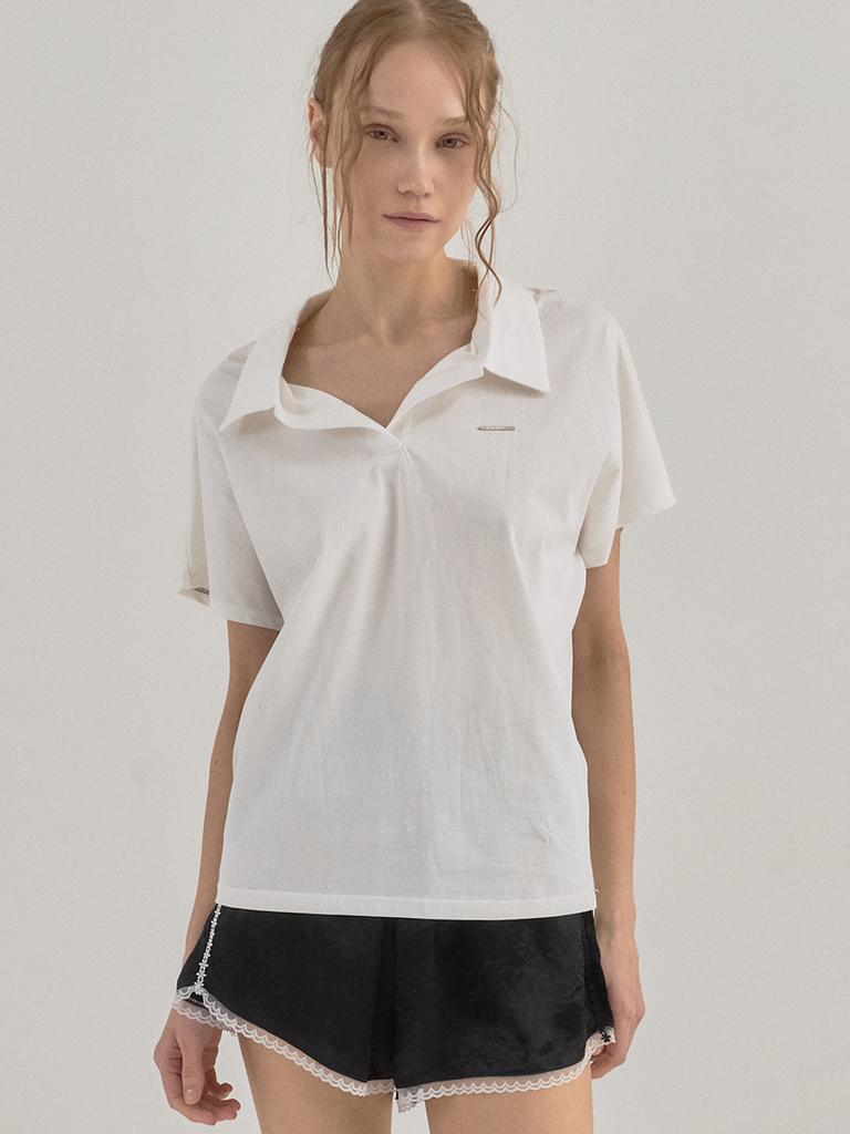 SORRY, TOO MUCH LOVE Relaxed Fit Open Placket Polo Top_White