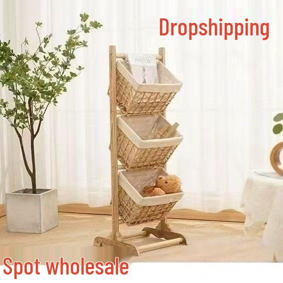 Home Multi-layer Rattan Woven Storage Rack and Hanging Basket Single-Row 2-Layer
