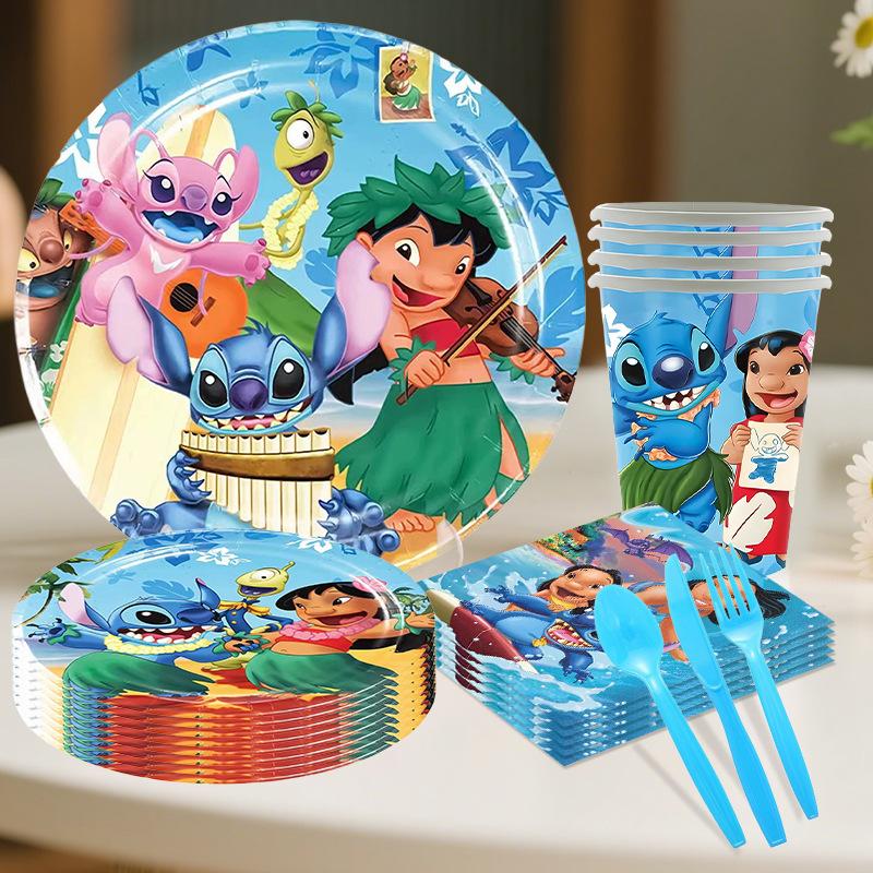 Star Baby Stitch Themed Tableware Set Flag Balloon Disposable Paper Plate Tissue Tablecloth Party