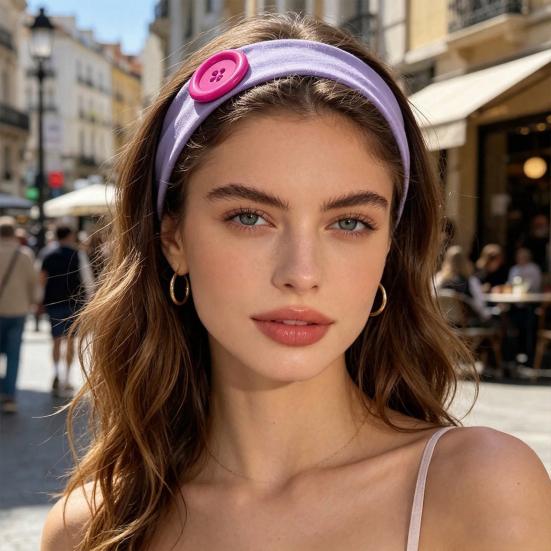 Summer Elastic Headband, Pure Color Dot Print Headband with Button Decor, Versatile Hair Accessories for Daily Party Outing Hair Decoration