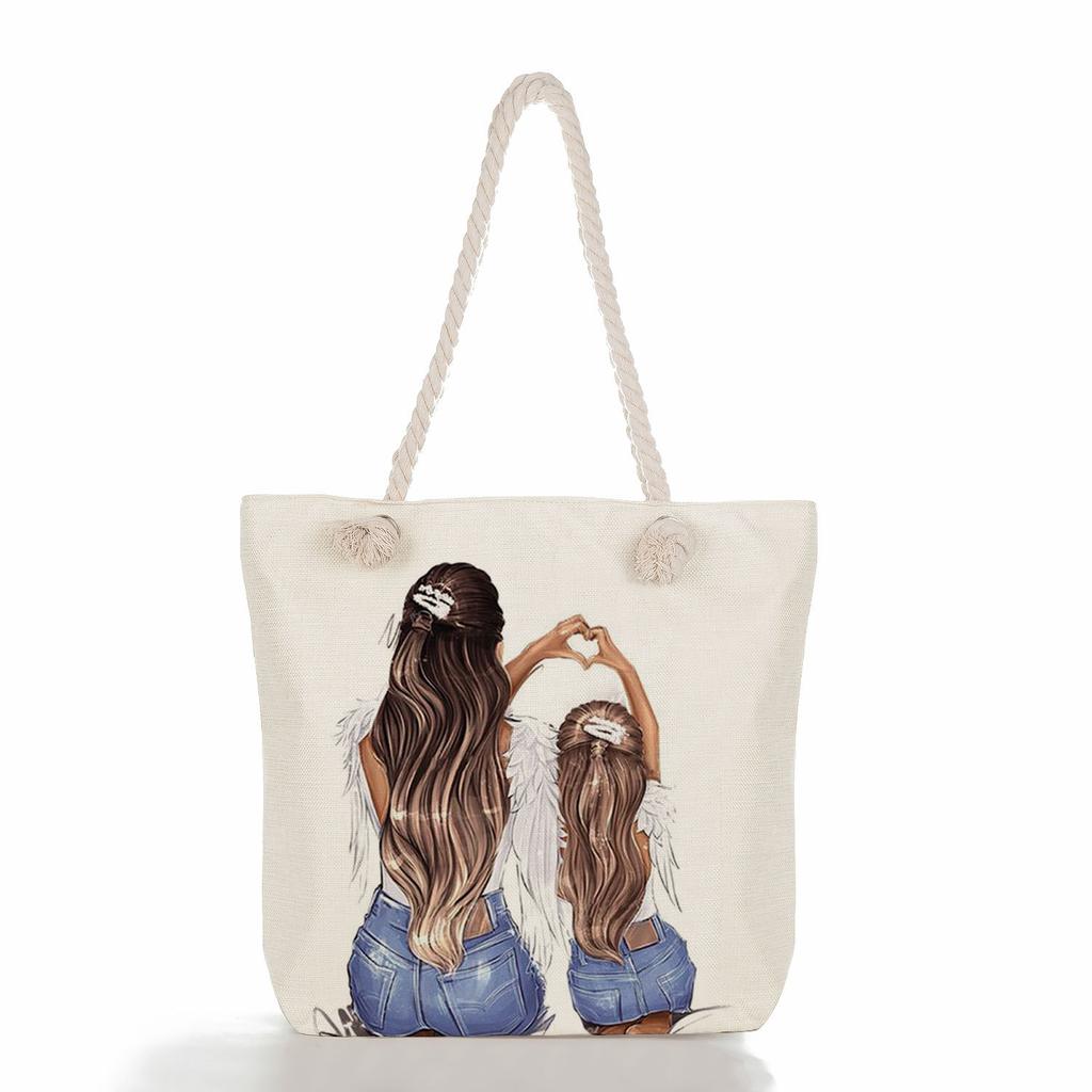 Multifunctional Mom Series Printed Thick Rope Shoulder Beach Bag Casual Large Capacity Handbag 7617